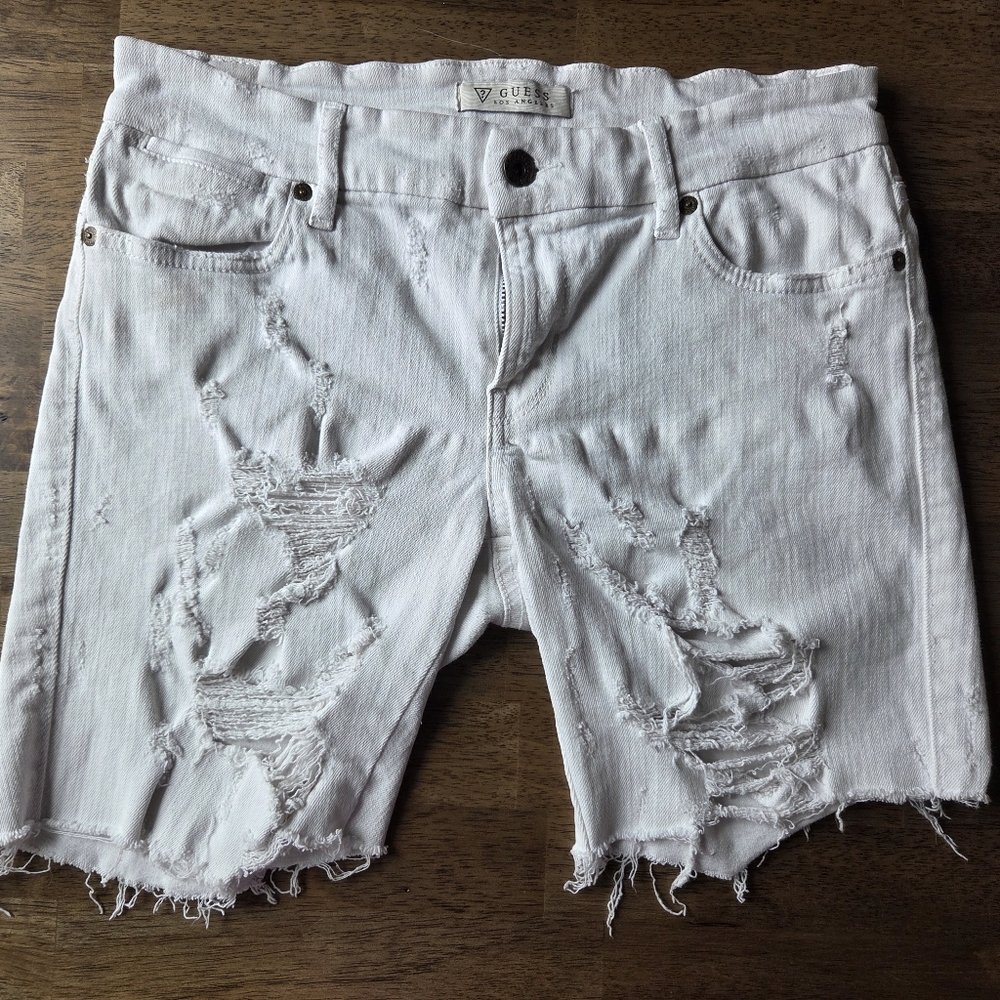GUESS White Distressed Denim Cutoff Shorts